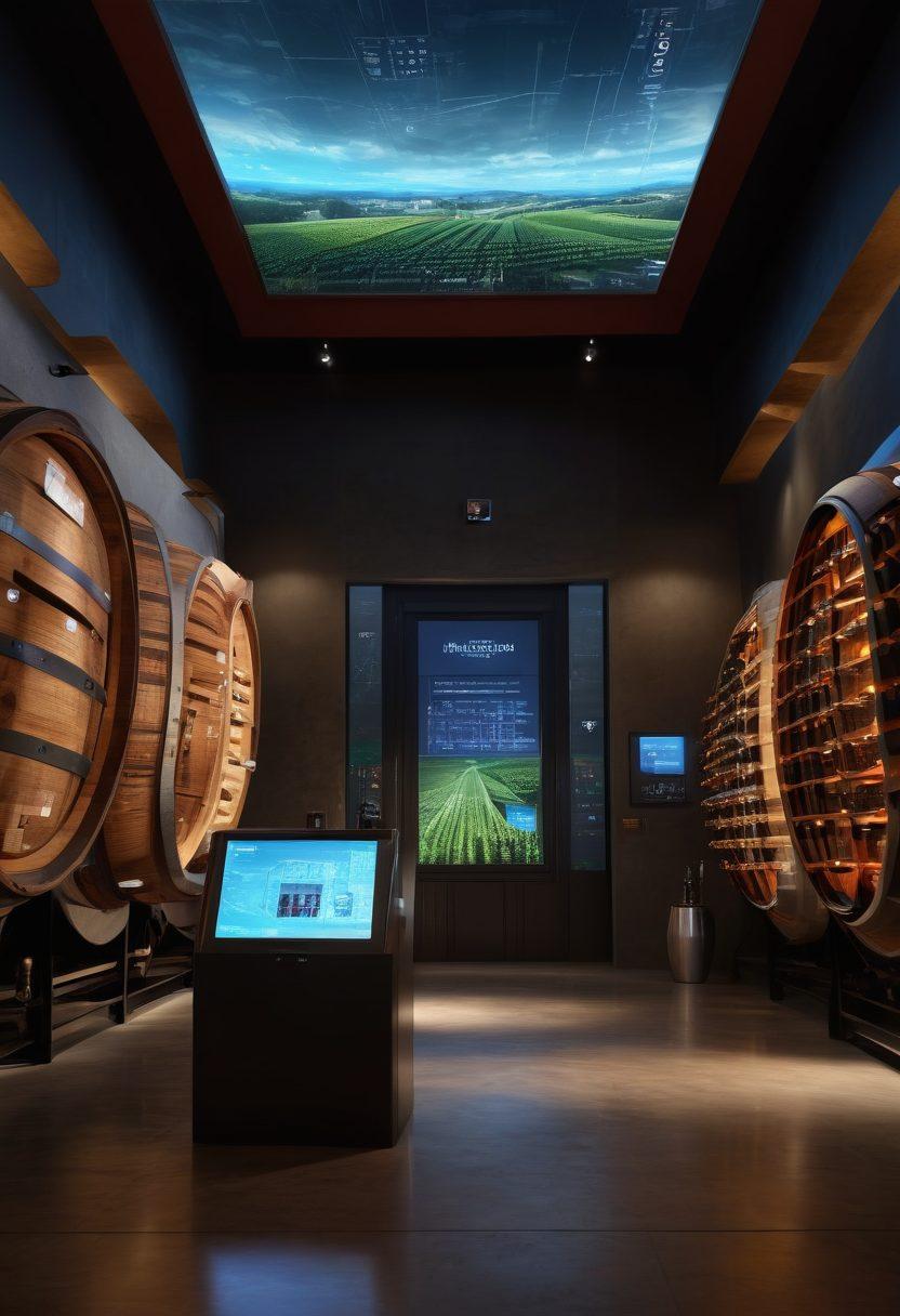 A modern winery with high-tech security features seamlessly integrated, showcasing wine barrels amidst digital screens displaying cybersecurity analytics. A backdrop of rolling vineyards contrasts with the futuristic elements, emphasizing the fusion of tradition and technology. Include a sommelier examining a wine bottle while monitoring a holographic security display. Super-realistic. Vibrant colors. 3D.