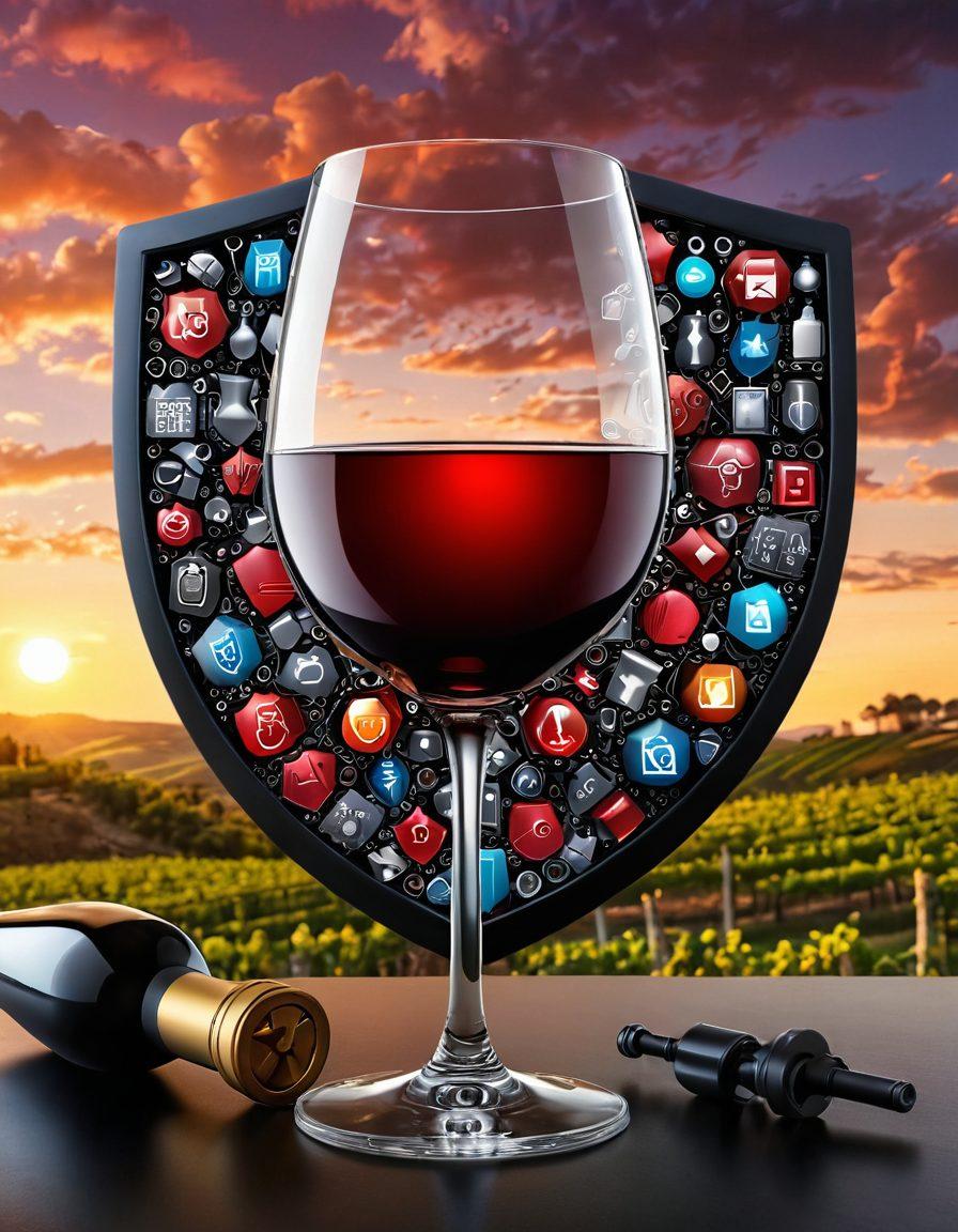 An elegant wine glass filled with rich red wine, surrounded by digital security icons like locks and shields, symbolizing data protection. The background features a stylized vineyard with a sunset enhancing the ambiance. Interlinking data streams weave through the image, emphasizing the fusion of wine culture and technology. super-realistic. vibrant colors. 3D.