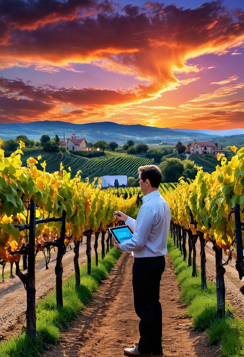 A serene vineyard surrounded by digital elements, such as glowing locks and firewalls intertwined with grapevines, showcasing the balance between nature and technology. An ethereal sky with circuit patterns, while a vigilant winery owner inspects a tablet, contrasting tradition and innovation. The atmosphere should depict a harmonious blend of the rustic wine culture and futuristic cybersecurity themes. super-realistic. vibrant colors. 3D.